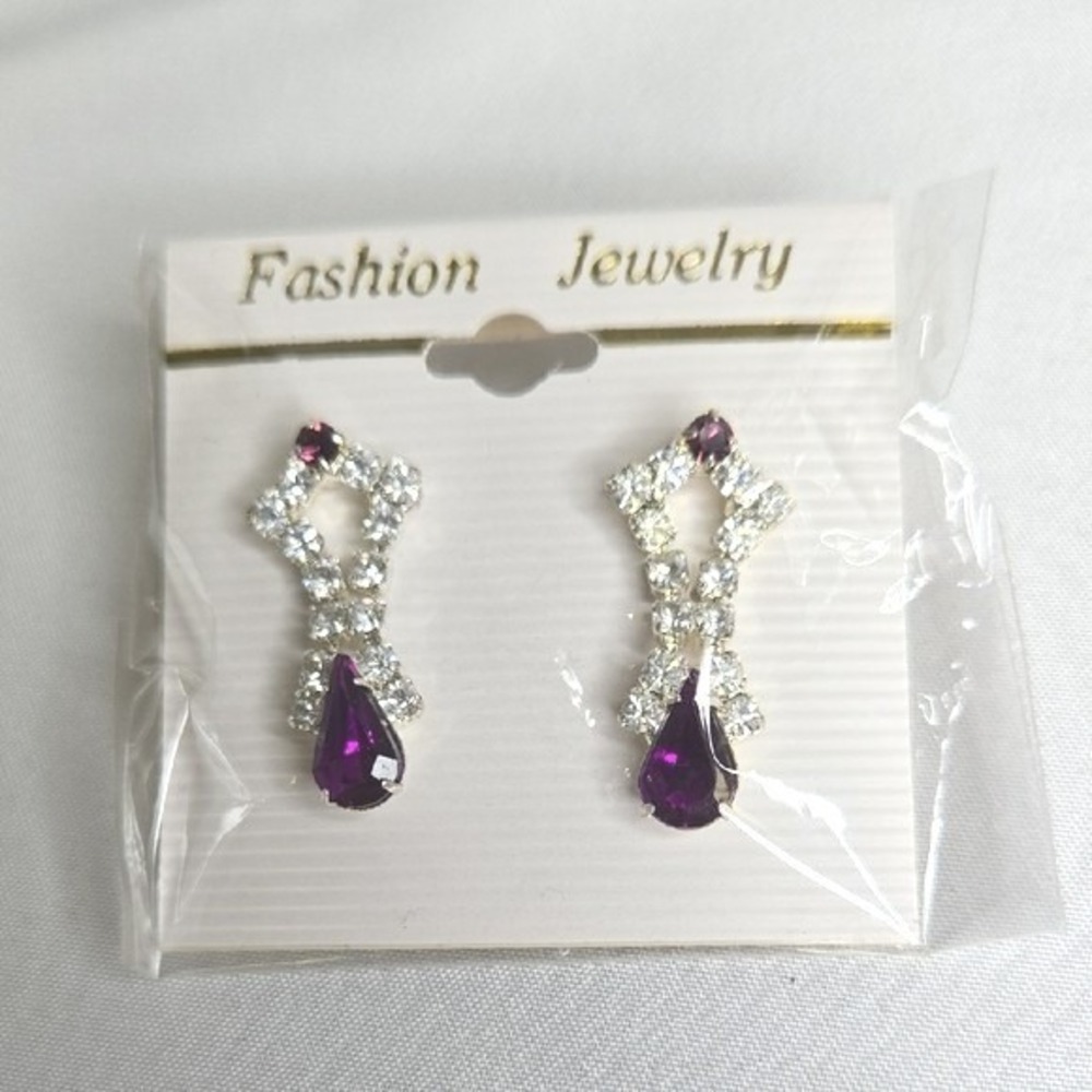 Purple Teardrop and‎ Rhinestone Drop/Dangle Earrings, NEW